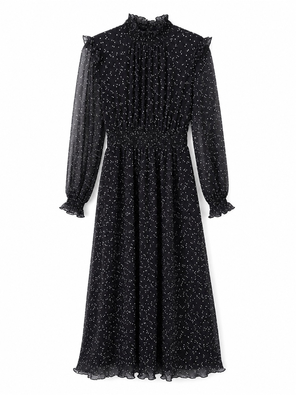 Zara Black Polka Dot Midi Dress XS Sheer Long Sleeve Ruffle Work Cottagecore